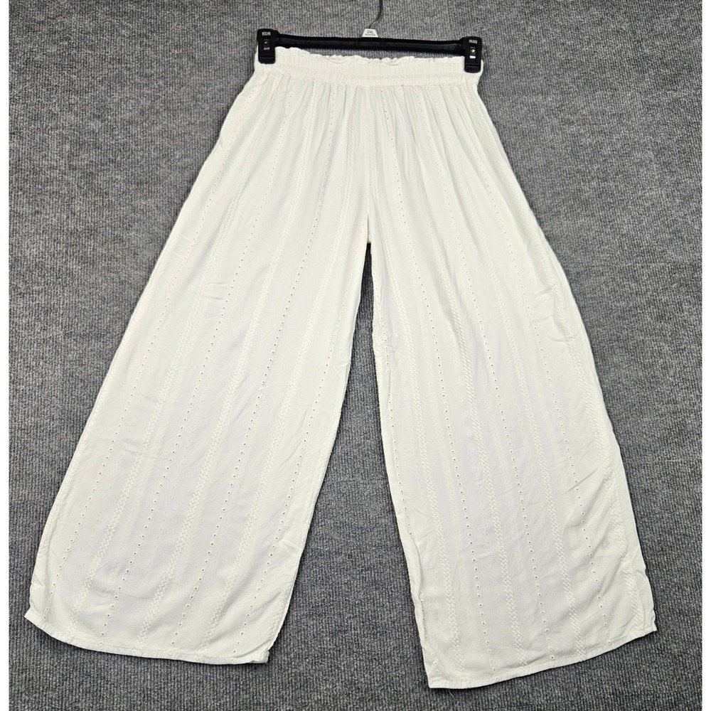 Salty Lemon White Eyelet Wide Leg Pants Womens Medium Boho Rayon Hippie